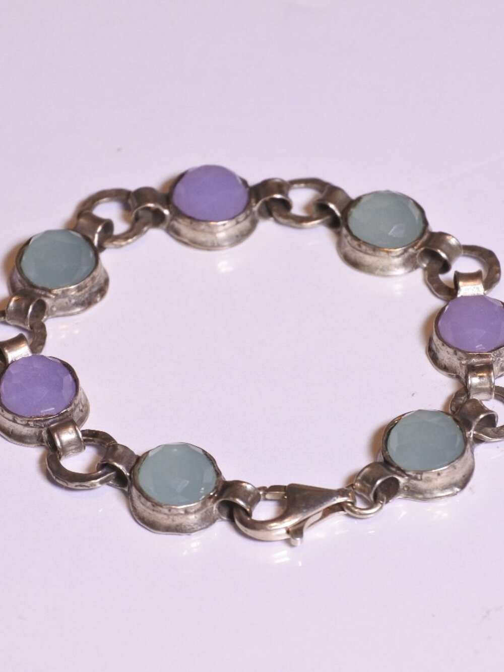 Vintage Sterling Silver 925 Blue Chalcedony & Amethyst Bezel Link Bracelet